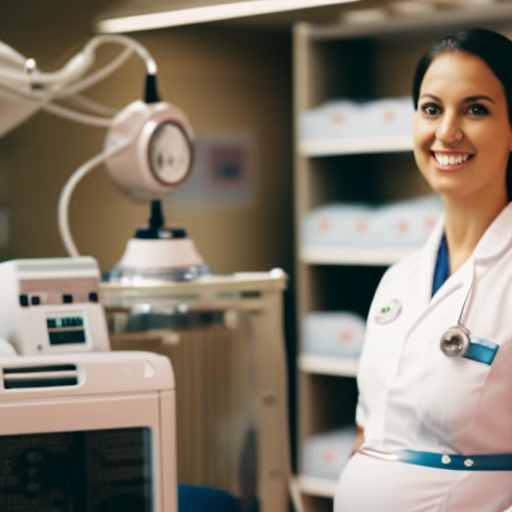An image showcasing a smiling maternity nurse in a well-equipped nursery, surrounded by state-of-the-art medical devices