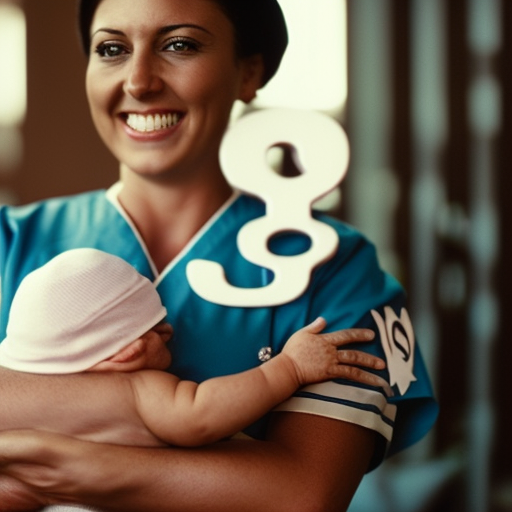 An image showcasing a smiling maternity nurse, wearing scrubs, holding a newborn baby in her arms, with a dollar sign symbolizing an average salary hovering above her head
