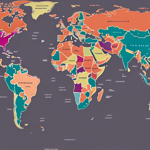 An image displaying a world map with color-coded regions representing various locations