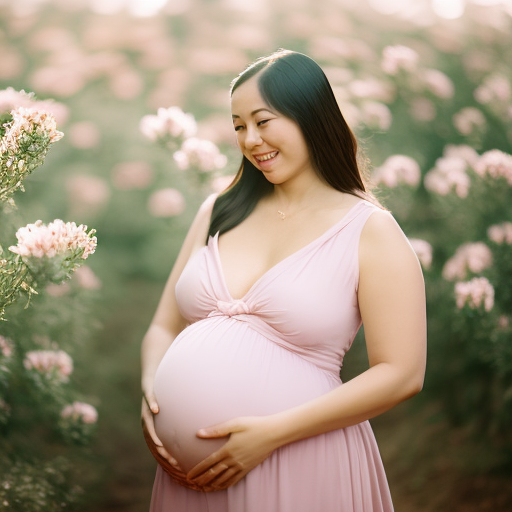 An image showcasing a radiant expectant mother gracefully draped in a soft, pastel-hued maternity nursing dress, her hands gently cradling her baby bump, surrounded by blooming flowers and dappled sunlight