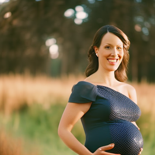 an image showcasing a radiant expecting mother, elegantly dressed in a comfortable yet stylish maternity nursing dress, gently cradling her baby bump with a serene smile, surrounded by an array of beautifully designed dress options