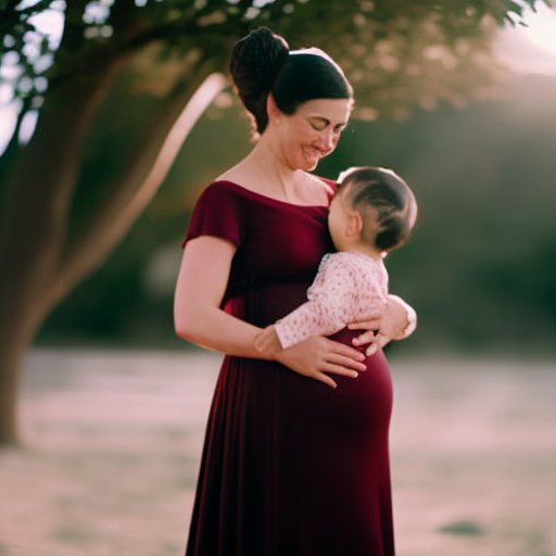 An image showcasing a glowing, expectant mother wearing a maternity nursing dress, radiating comfort and happiness