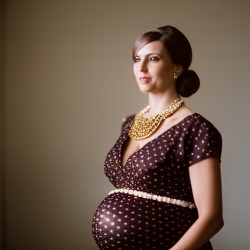 An image showcasing a confident pregnant woman wearing a stylish maternity nursing dress, accessorized with a statement necklace and chic sandals, exuding elegance and poise