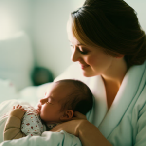 Maternity Nursing Pajamas 5 An image capturing the serene ambiance of a dimly lit bedroom, where a contented mother-to-be gracefully rests in her comfortable maternity nursing pajamas, gently cradling her newborn baby against her chest