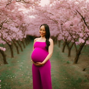 An image showcasing a radiant mother-to-be wearing a form-fitting, soft pink maternity jumpsuit