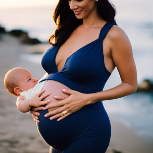 An image showcasing the elegance of a maternity one piece: A radiant mother-to-be, gracefully cradling her baby bump, bathed in soft natural light, wearing a form-fitting, stylish one piece swimsuit that accentuates her glowing beauty