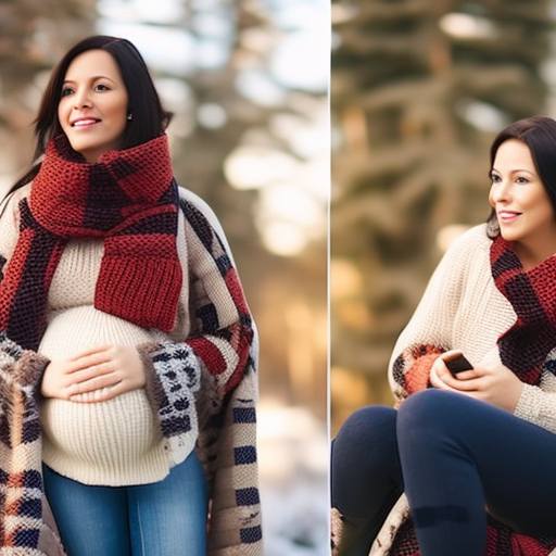 An image showcasing a pregnant woman wearing a soft, oversized ivory cable-knit sweater, paired with dark maternity jeans, ankle boots, and a cozy plaid scarf, exuding warmth and comfort