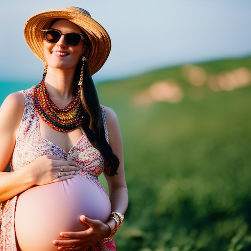 An image showcasing a stylish pregnant woman wearing a flowy maxi dress, accessorized with a wide-brimmed straw hat, oversized sunglasses, a statement necklace, and a colorful silk scarf tied around her baby bump