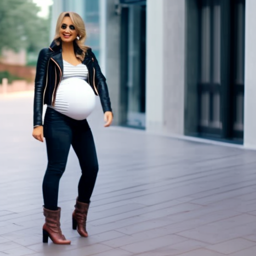 An image featuring a stylish pregnant woman wearing trendy maternity jeans with a distressed finish, paired with a form-fitting striped top and a chic leather jacket