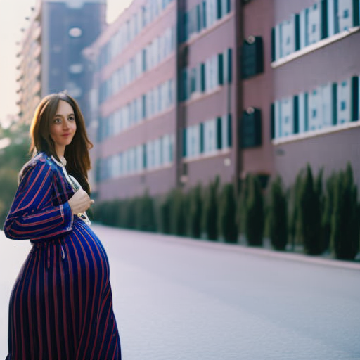 An image that showcases a stylish pregnant woman wearing a flowy, striped maxi dress, paired with a denim jacket and white sneakers