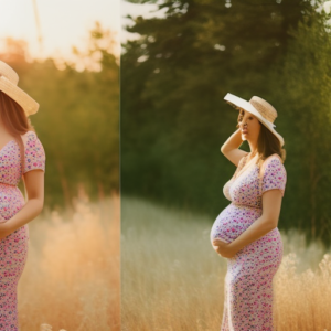 An image featuring a radiant, expectant mother embracing her baby bump, confidently donning a stylish, form-fitting floral dress in soft pastel tones, paired with comfortable, trendy sneakers and a chic straw hat