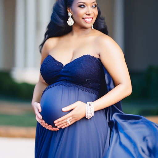 An image showcasing a radiant pregnant woman in a flowing, floor-length, navy blue evening gown with delicate lace detailing, accessorized with sparkling drop earrings and a silver clutch, exuding elegance and sophistication