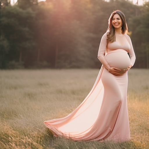 An image showcasing a radiant mom-to-be confidently rocking a flowing maxi dress in a soft pastel hue, accentuating her baby bump