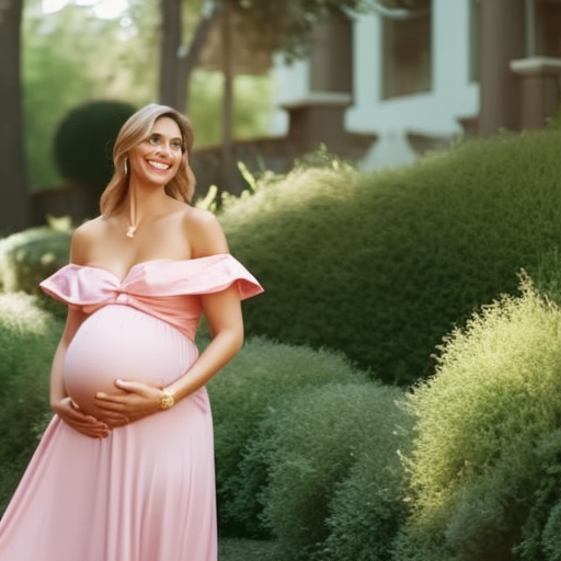 An image showcasing a stylish pregnant woman wearing a flowy, pastel-colored off-the-shoulder top paired with fitted jeans and heels
