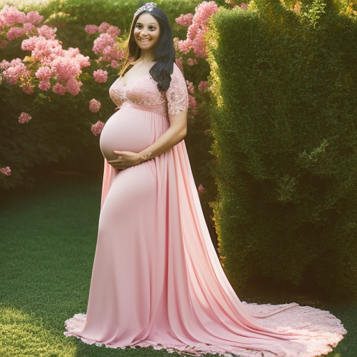 An image showcasing a stunning pregnant woman in a flowing, pastel pink maternity gown, adorned with delicate lace details