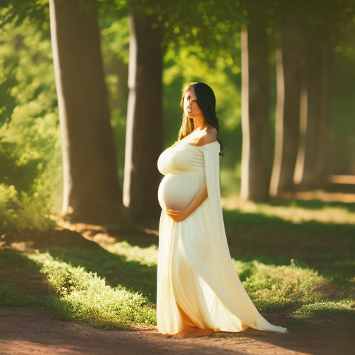 An image of a pregnant woman wearing a loose-fitting, flowing maxi dress in a serene outdoor setting