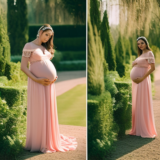 An image showcasing a radiant pregnant woman in a flowing, pastel-colored maxi dress, gently cradling her baby bump amid a picturesque garden backdrop