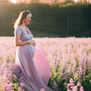 An image showcasing a radiant mother-to-be standing amidst a picturesque meadow, dressed in a flowing pastel maxi dress, adorned with delicate floral patterns