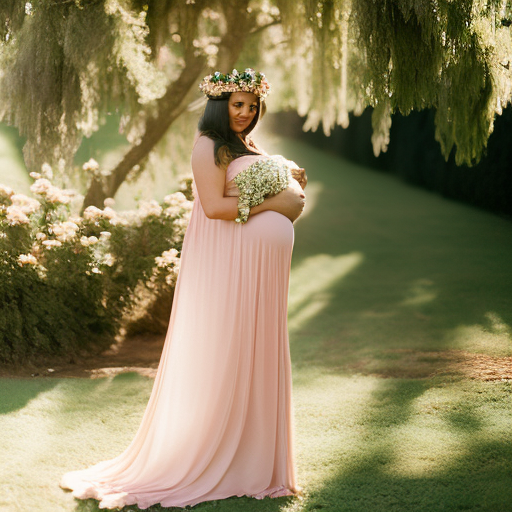 An image showcasing a glowing expectant mother wearing a flowing pastel maxi dress, adorned with a floral crown and delicate silver bangle bracelets, as she cradles her baby bump in a sunlit garden setting