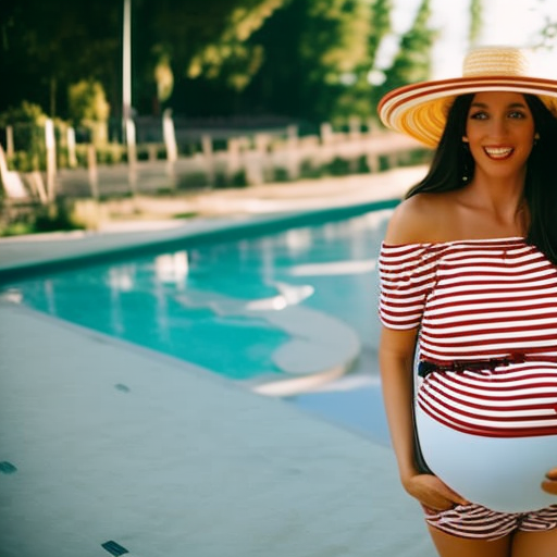 An image showcasing a stylish pregnant woman wearing maternity overall shorts paired with a striped off-shoulder top, accessorized with a wide-brimmed hat and ankle-strap sandals, effortlessly exuding a chic and versatile look
