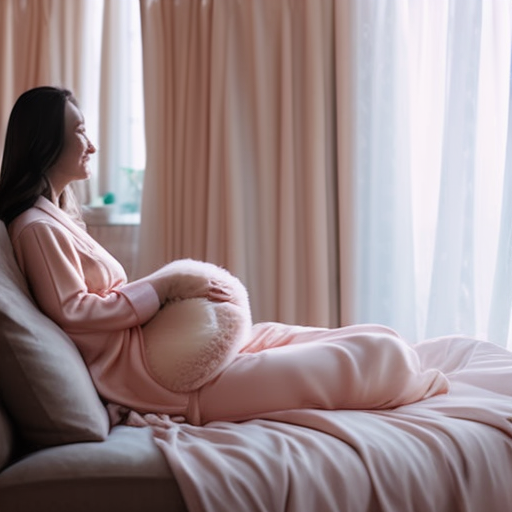 An image showcasing a serene bedroom scene with soft, pastel-hued maternity pajamas neatly folded on a plush, cushioned armchair