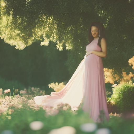 An image capturing the ethereal beauty of a glowing expectant mother in a flowing, pastel-hued chiffon dress, gently caressed by a soft breeze, amidst a serene garden backdrop, radiating maternal bliss