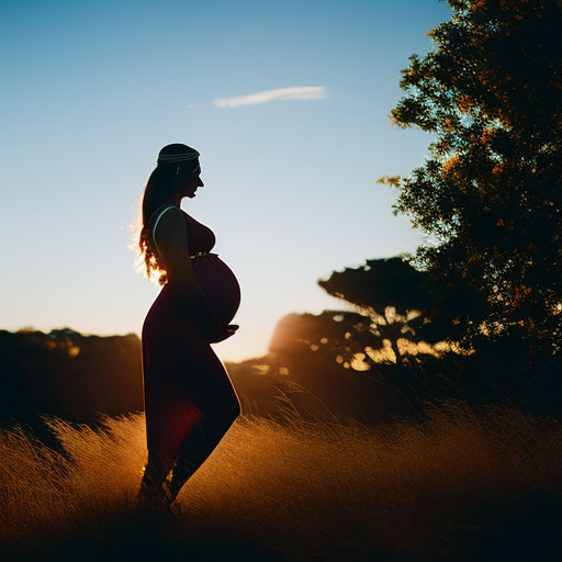 An enchanting maternity photoshoot image: A glowing mother-to-be, her silhouette framed against a radiant sunset, casting a soft, ethereal glow