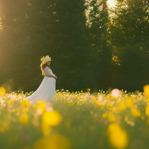 the ethereal beauty of motherhood as a blooming mother-to-be stands amidst a sun-kissed meadow, her radiant silhouette adorned with delicate flower crowns and billowing fabrics, while gentle rays of light caress her blossoming belly