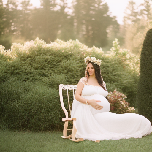  a serene outdoor maternity photoshoot with a flowing white maternity gown, adorned with a delicate floral crown