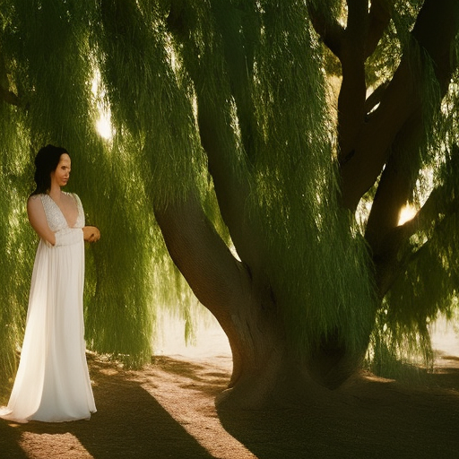 An image featuring a glowing expecting mother, gracefully draped in a flowing white dress, standing under a magnificent willow tree, with sunlight filtering through its branches, casting a soft, ethereal glow
