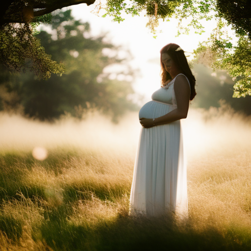  the beauty of motherhood with a stunning image showcasing a pregnant woman draped in a flowing white dress, gently cradling her belly, as sunlight filters through a canopy of trees, casting a soft and ethereal glow
