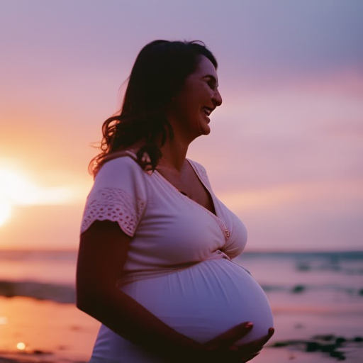  the expectant mother's radiant joy as she cradles her baby bump, enveloped by the golden hues of a sunset