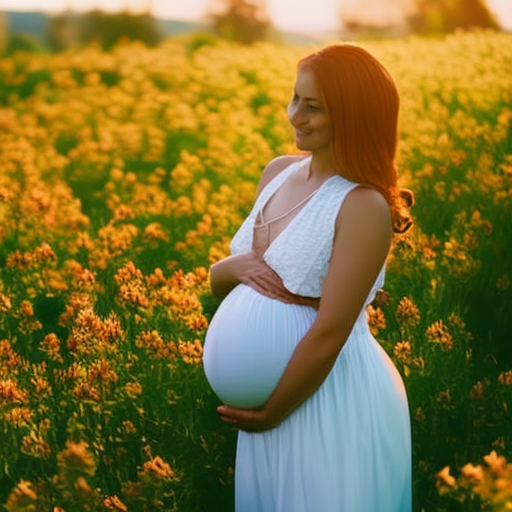 An image capturing the serene beauty of a pregnant woman basking in the warm sunlight amidst a picturesque meadow, surrounded by vibrant wildflowers, with her hands gently cradling her baby bump