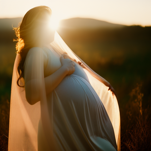  the raw beauty of motherhood with a candid maternity pose: a serene mother-to-be, bathed in golden sunlight, cradling her growing belly, while playful rays dance through a veil of wispy curtains