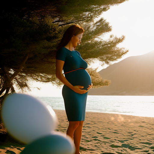  the serene essence of motherhood with an image of a radiant, expectant mother gently caressing her baby bump, donning a stylish and protective maternity rash guard, her silhouette beautifully accentuated by the sun-kissed beach backdrop