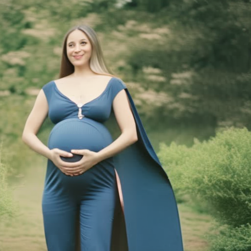 An image showcasing a radiant pregnant woman wearing a stylish and comfortable maternity romper, while surrounded by various other pregnancy outfit options such as loose dresses, maternity jeans, and oversized tops
