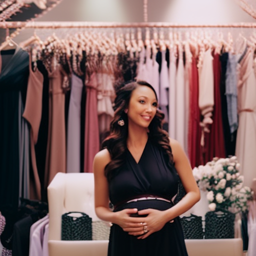 An image showcasing a beautifully styled expectant mother wearing a trendy maternity romper, surrounded by a rack of carefully curated rompers in a cozy boutique setting, exuding a warm and inviting atmosphere