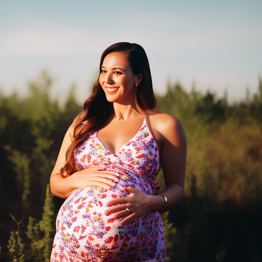 An image showcasing a glowing pregnant woman comfortably wearing a vibrant floral maternity romper, her hands cradling her baby bump with a serene smile