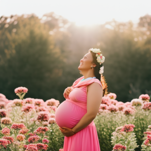 Maternity Scrubs 9 An image of an expectant mother, radiating joy, wearing vibrant and comfortable maternity scrubs with a whimsical pattern