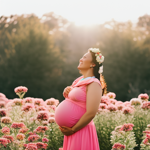 An image of an expectant mother, radiating joy, wearing vibrant and comfortable maternity scrubs with a whimsical pattern