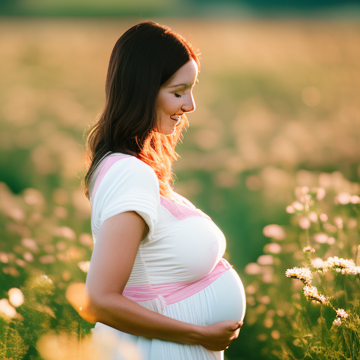  the ethereal beauty of motherhood with an image of a radiant mom-to-be cradling her baby bump, surrounded by an enchanting field of blooming wildflowers