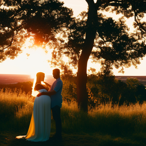 An image showcasing a loving couple standing in a picturesque outdoor setting, their silhouettes framed by a radiant sunset