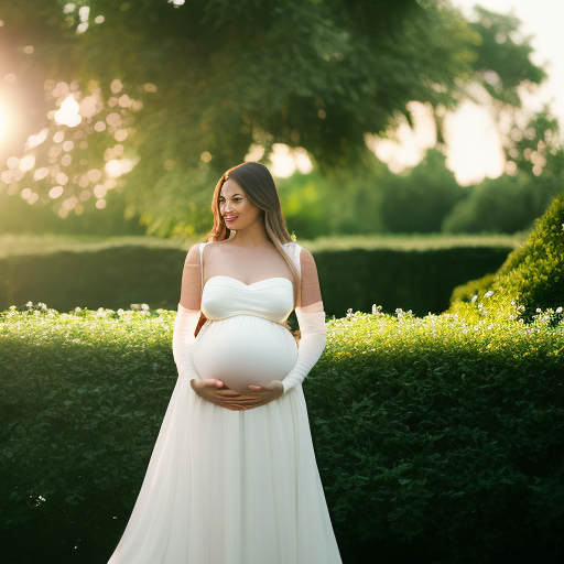  the essence of timeless elegance in a maternity shoot: A radiant mother-to-be, clad in a flowing ivory gown, stands amidst a lush garden adorned with delicate roses, as sunlight gently caresses her glowing silhouette