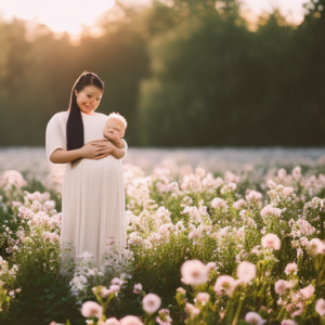 the essence of motherhood in a serene natural setting: a glowing mother-to-be, dressed in flowing white, cradling her belly amidst a blossoming field of flowers