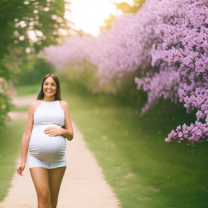 An image showcasing a radiant expectant mother strolling along a blossoming garden path, her hands gently cradling her baby bump, while wearing comfortable and stylish maternity shorts that accentuate her glowing form