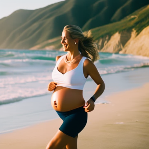 Nt image featuring a radiant, active mom-to-be confidently jogging along a picturesque beach, donning a pair of sleek and trendy maternity shorts that perfectly accentuate her baby bump, capturing the essence of comfort and style