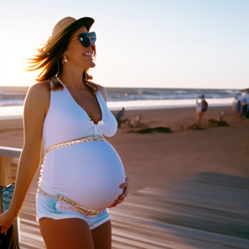 An image showcasing a pregnant woman confidently strutting down a sunny beach boardwalk, sporting chic and comfortable maternity shorts in trendy styles like over-the-bump, denim cutoffs, and floral prints