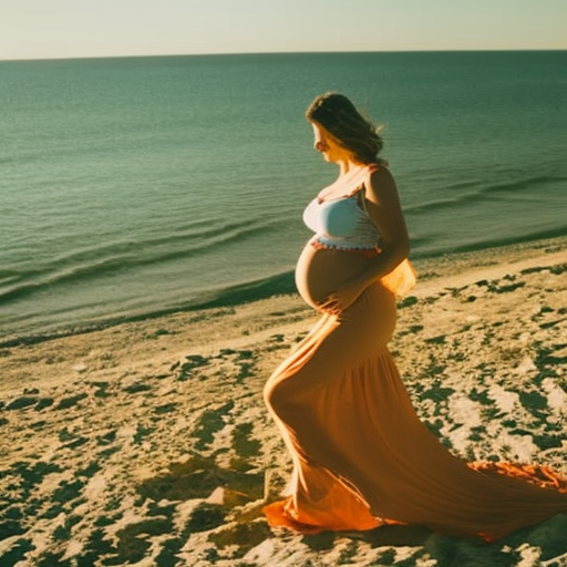 An image that showcases a radiant pregnant woman effortlessly strolling along a sun-kissed beach, her comfortable and stylish maternity shorts embracing her blossoming belly, beautifully highlighting the freedom and comfort they provide