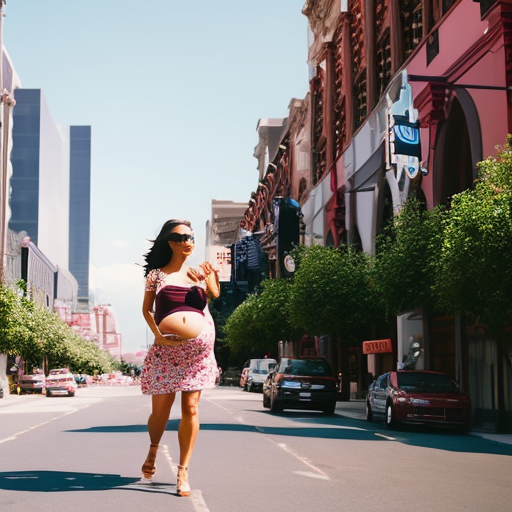 An image showcasing a pregnant woman confidently strutting down a city street in chic maternity shorts, paired with a flowy blouse, stylish sandals, and oversized sunglasses