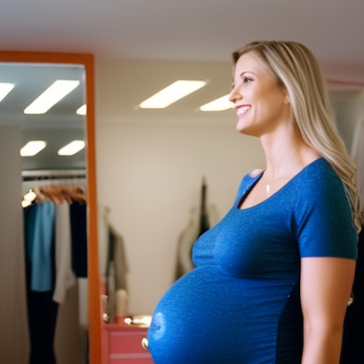 An image showcasing a pregnant woman trying on maternity shorts in a fitting room, confidently examining the waistband for the perfect fit